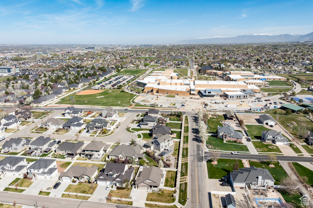 Drone / aerial view featuring a mountain view and a residential view