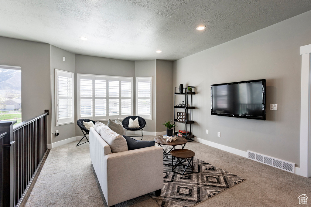 Living area with recessed lighting, visible vents, a textured ceiling, and carpet floors