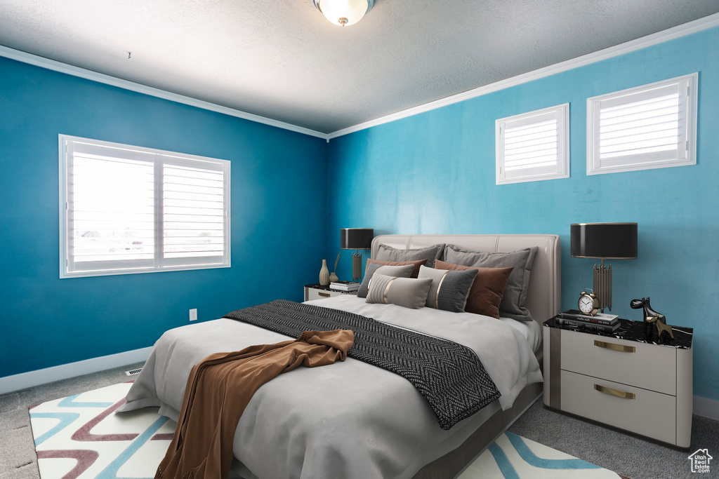 Carpeted bedroom with baseboards, crown molding, and multiple windows