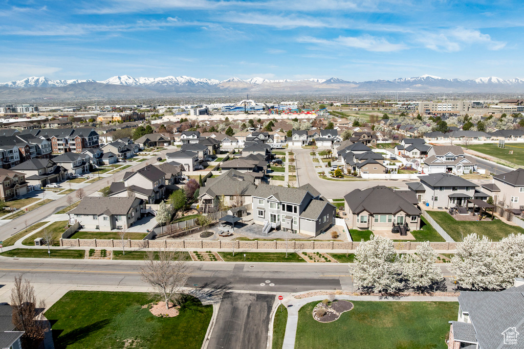 Birds eye view of property with a mountain view and a residential view