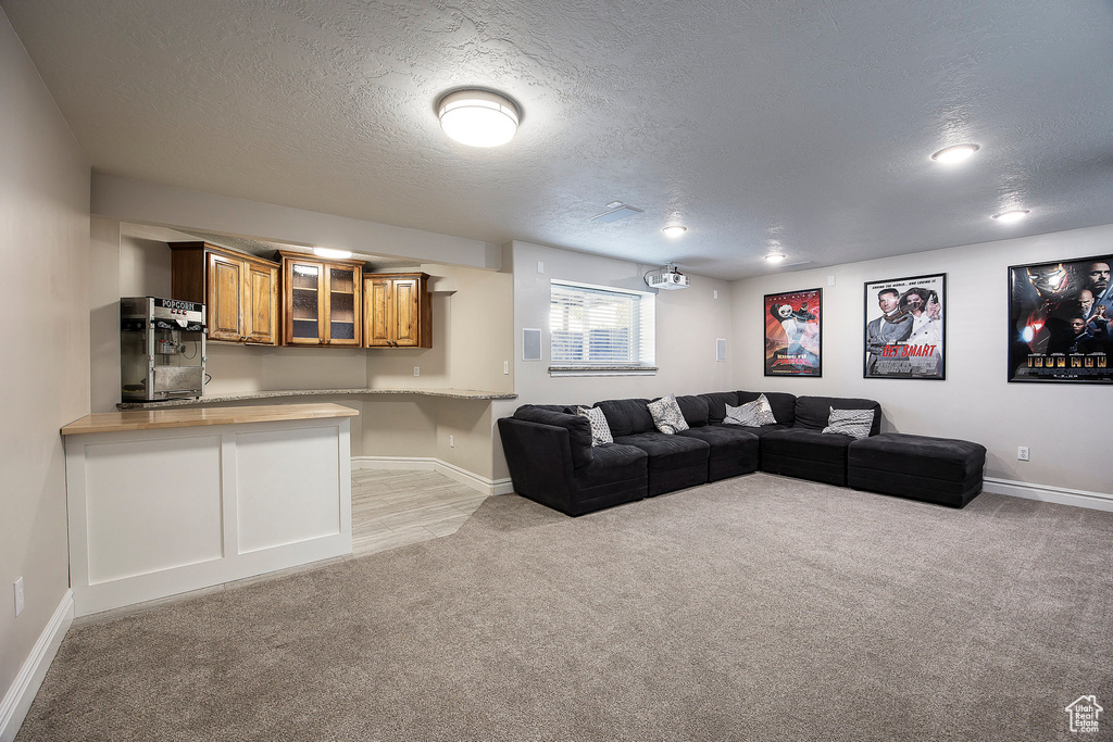 Living area with light carpet and a textured ceiling