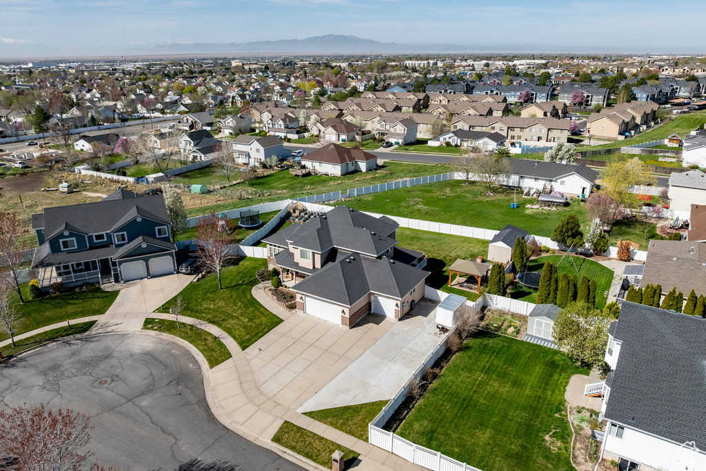 Aerial perspective of suburban area with mountains