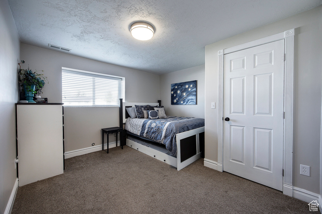 Bedroom with carpet floors and a textured ceiling