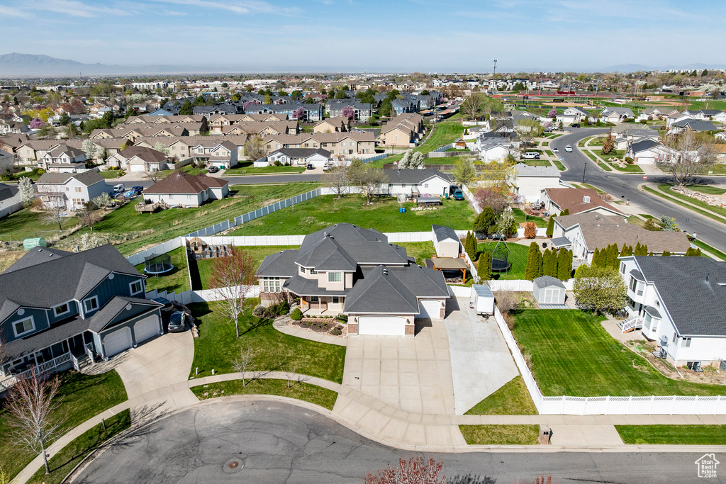 Aerial view of residential area with mountains