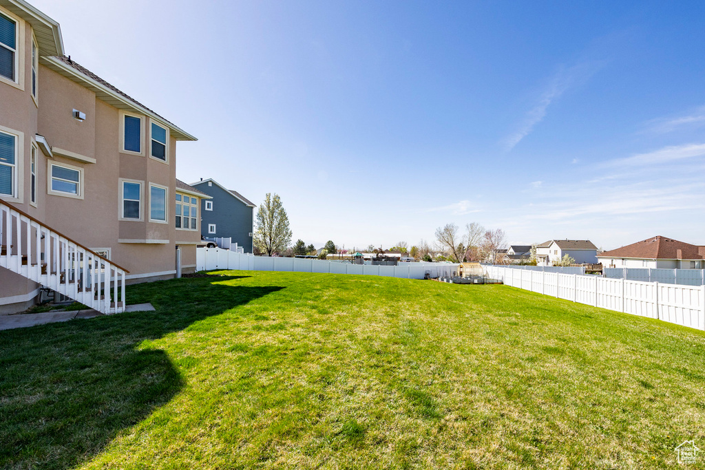 Fenced backyard featuring a residential view