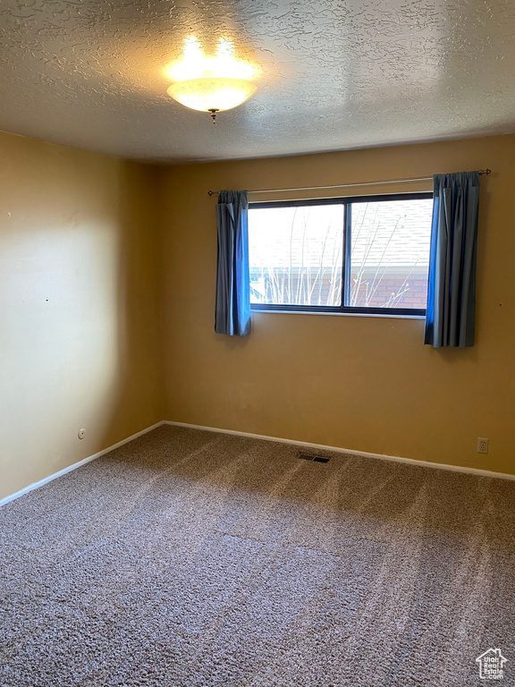 Carpeted empty room featuring visible vents, baseboards, and a textured ceiling