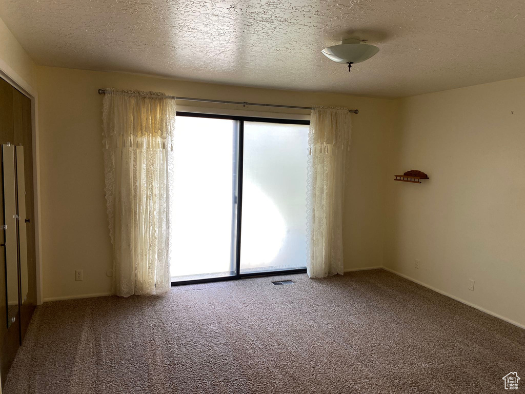 Empty room with carpet flooring, visible vents, a textured ceiling, and baseboards