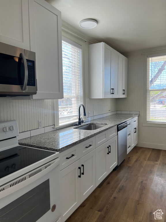 Kitchen featuring white cabinetry, appliances with stainless steel finishes, a sink, and dark wood-style floors