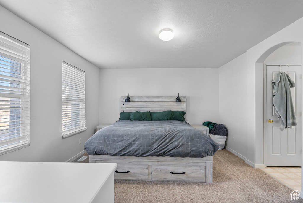 Bedroom with baseboards, multiple windows, arched walkways, and light carpet