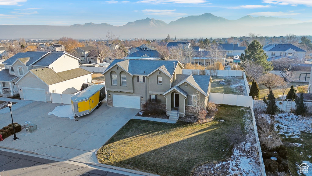 Aerial view featuring a residential view and a mountain view