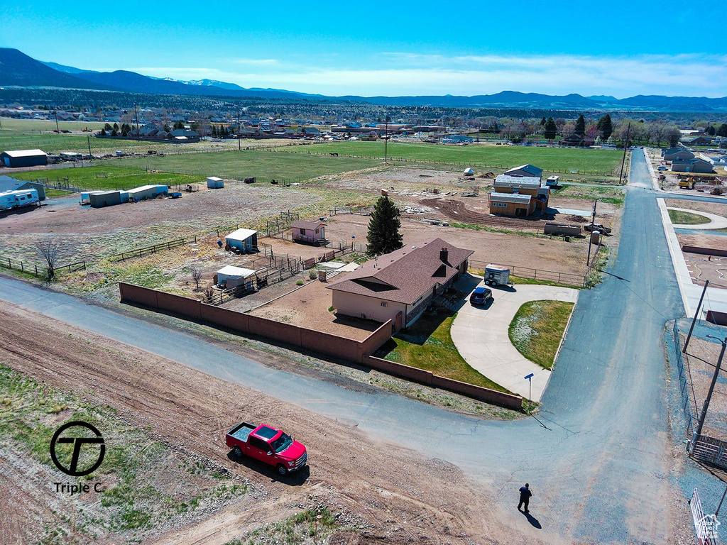 Bird's eye view featuring a rural view and a mountain view