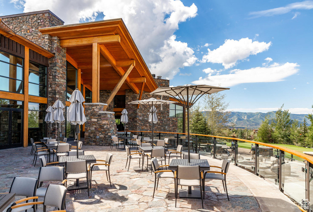 View of patio with a mountain view