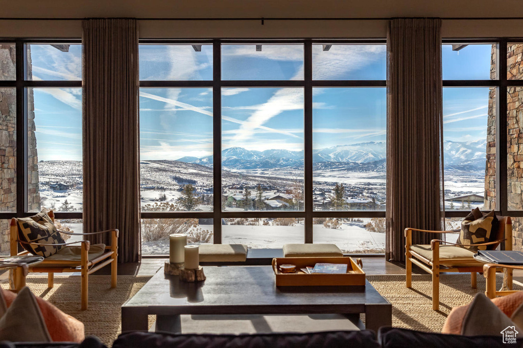 Interior space featuring a mountain view