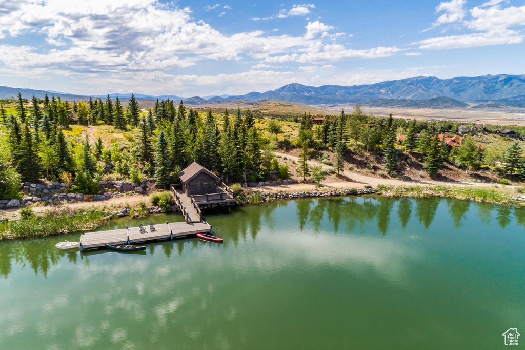 Drone / aerial view with a water and mountain view