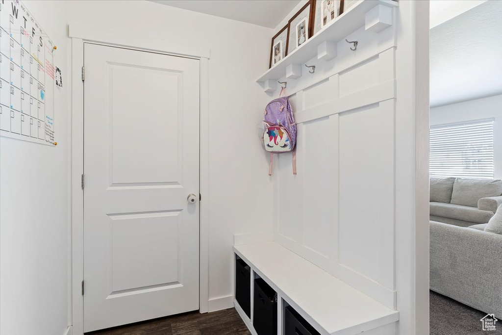 Mudroom featuring dark wood-style flooring