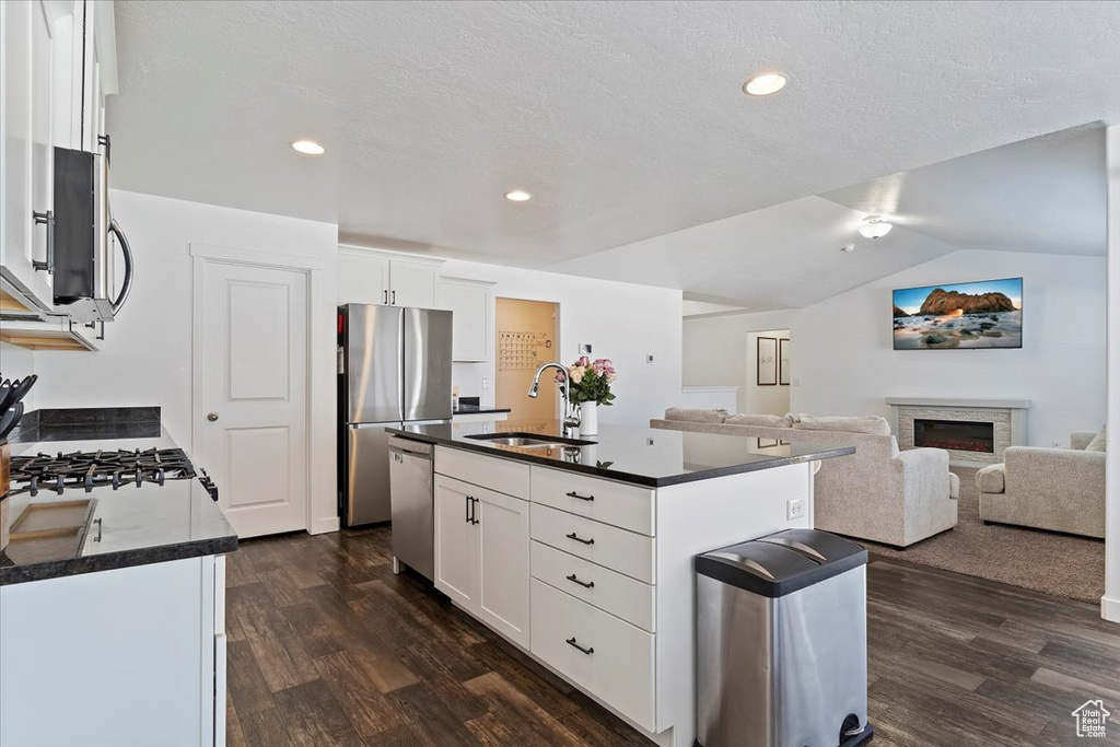 Kitchen with dark wood-type flooring, a sink, dark countertops, and stainless steel appliances