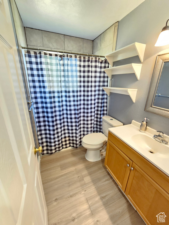 Bathroom featuring wood finished floors, toilet, a shower with shower curtain, and vanity