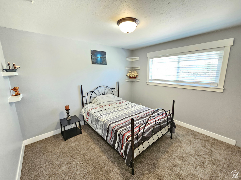 Bedroom featuring carpet flooring, baseboards, and a textured ceiling