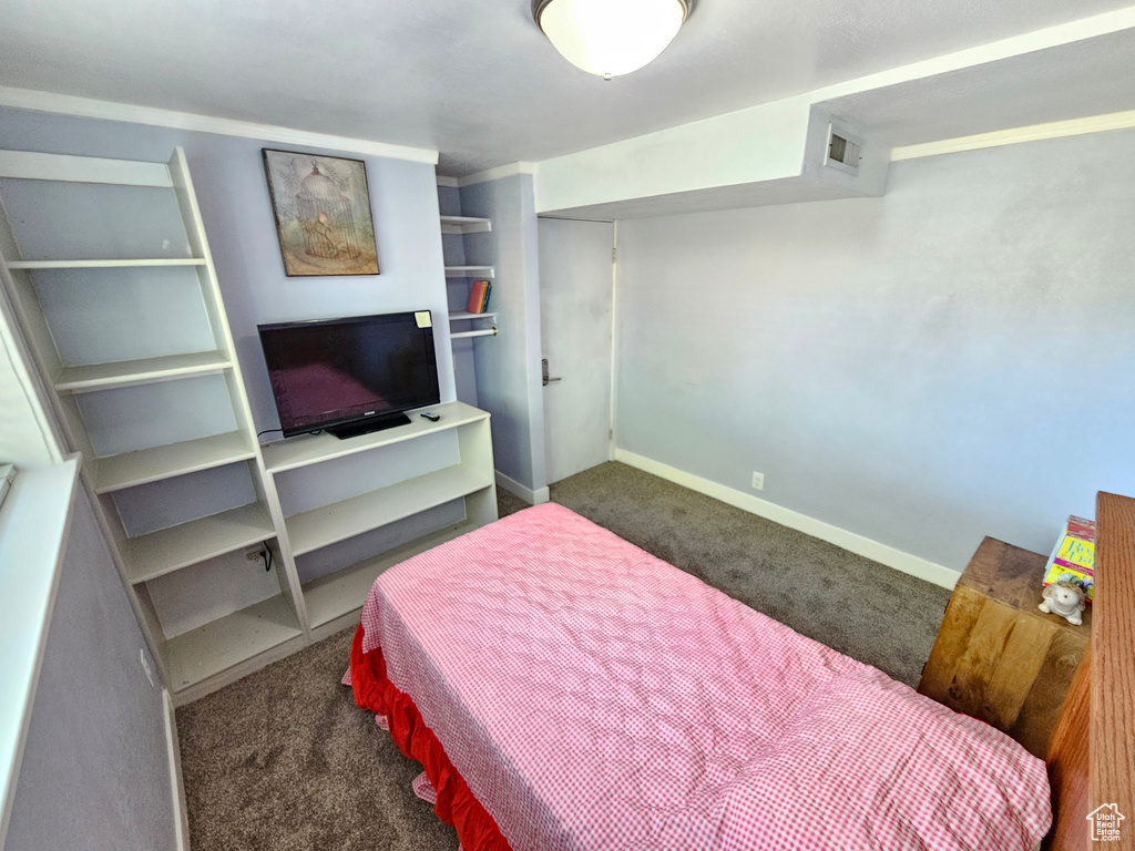 Bedroom featuring dark colored carpet, baseboards, and a closet
