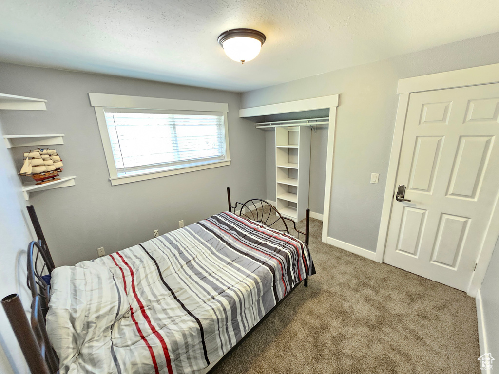 Carpeted bedroom with a closet, baseboards, and a textured ceiling