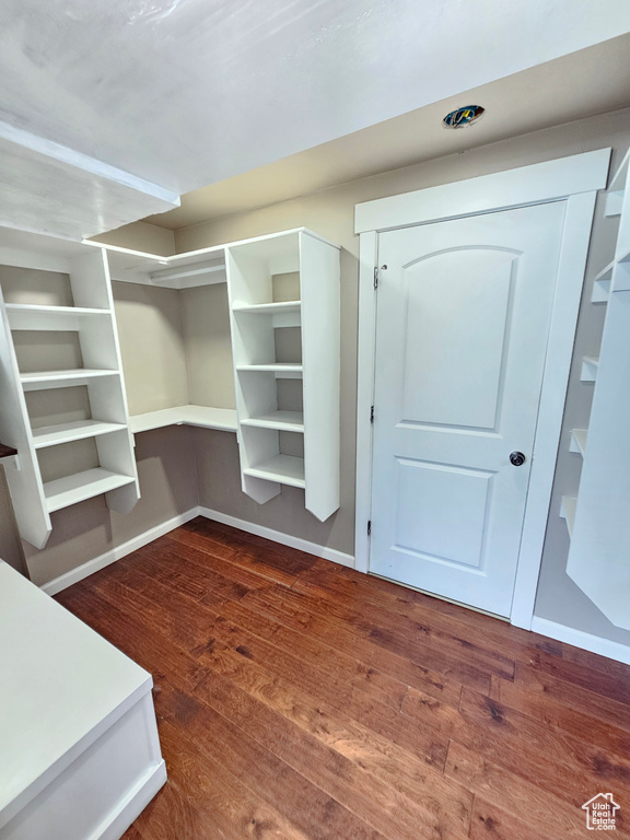 Walk in closet with wood finished floors