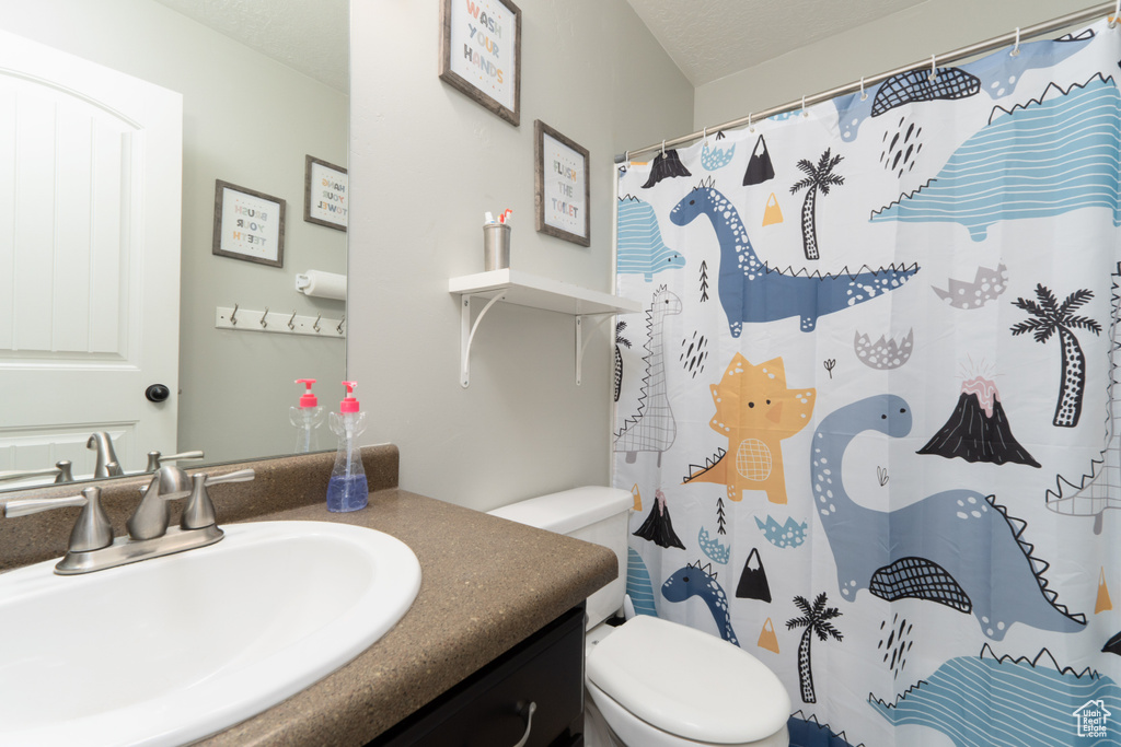 Full bath with toilet, a shower with shower curtain, and vanity