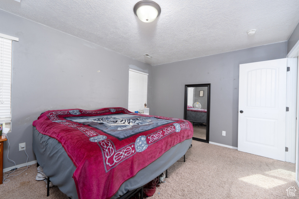 Carpeted bedroom featuring a textured ceiling, baseboards, and visible vents
