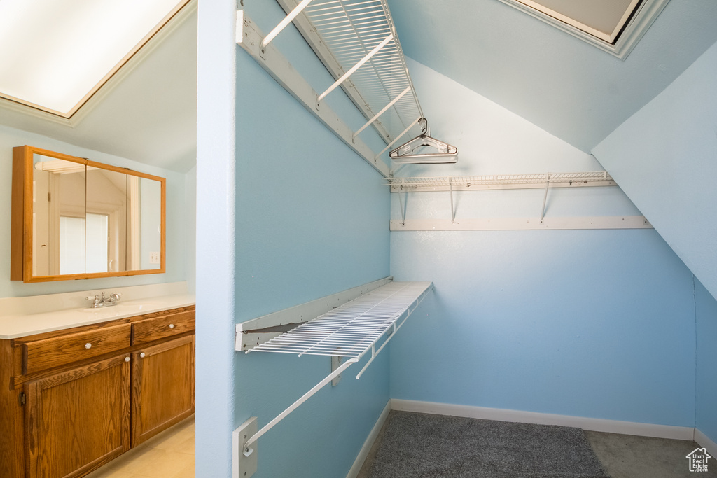 Spacious closet featuring light carpet and a sink