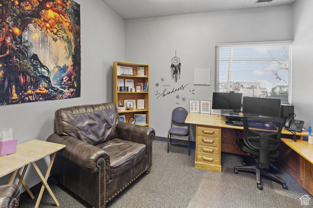 View of carpeted home office