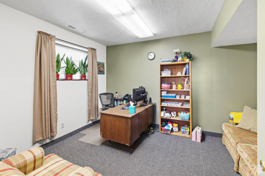 Home office with a textured ceiling, baseboards, visible vents, and carpet floors