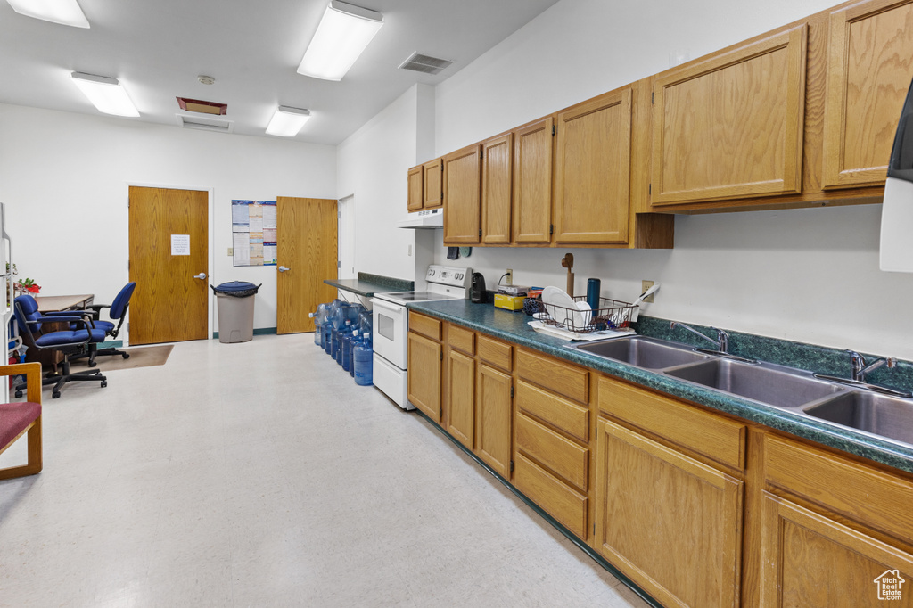 Kitchen featuring visible vents, a sink, dark countertops, under cabinet range hood, and white electric range
