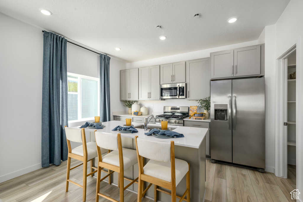 Kitchen with light countertops, light wood-type flooring, appliances with stainless steel finishes, and gray cabinetry