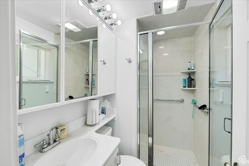 Bathroom with toilet, a stall shower, and vanity