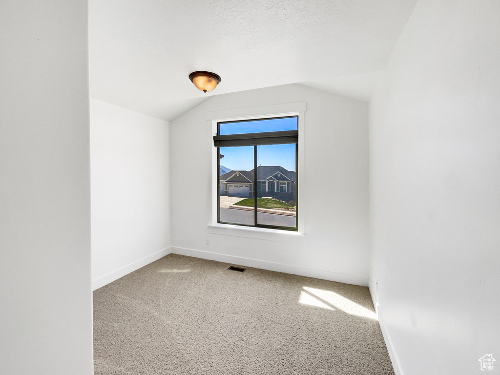 Additional living space featuring carpet flooring, visible vents, baseboards, and lofted ceiling