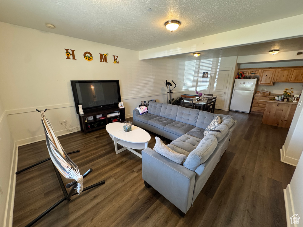 Living room featuring a textured ceiling and dark wood-type flooring