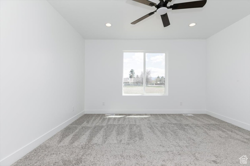 Unfurnished room with baseboards, carpet, recessed lighting, and ceiling fan