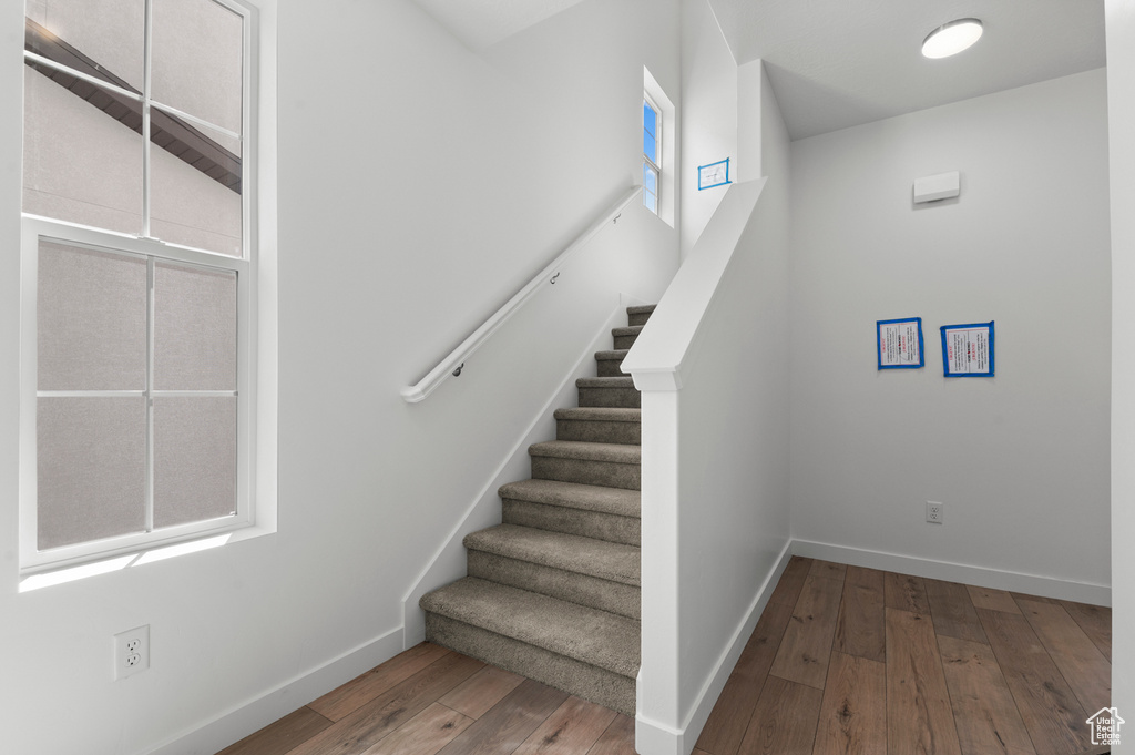 Stairs with hardwood / wood-style flooring and baseboards