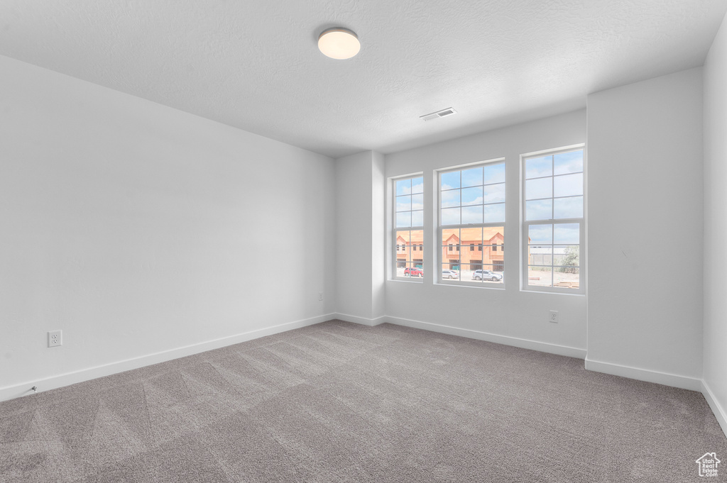 Unfurnished room featuring carpet flooring, baseboards, and a textured ceiling