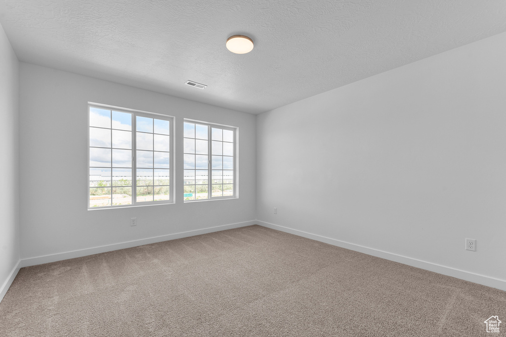 Spare room featuring carpet floors, baseboards, and a textured ceiling