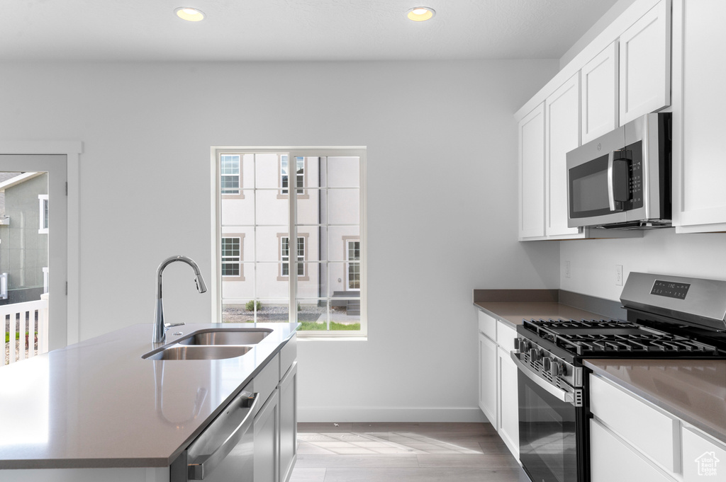 Kitchen featuring stainless steel appliances, a sink, recessed lighting, baseboards, and plenty of natural light