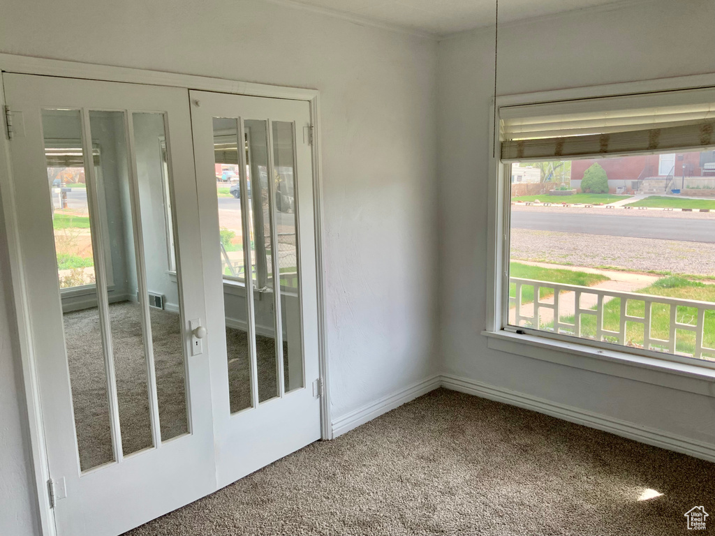 Doorway featuring carpet floors, baseboards, and plenty of natural light