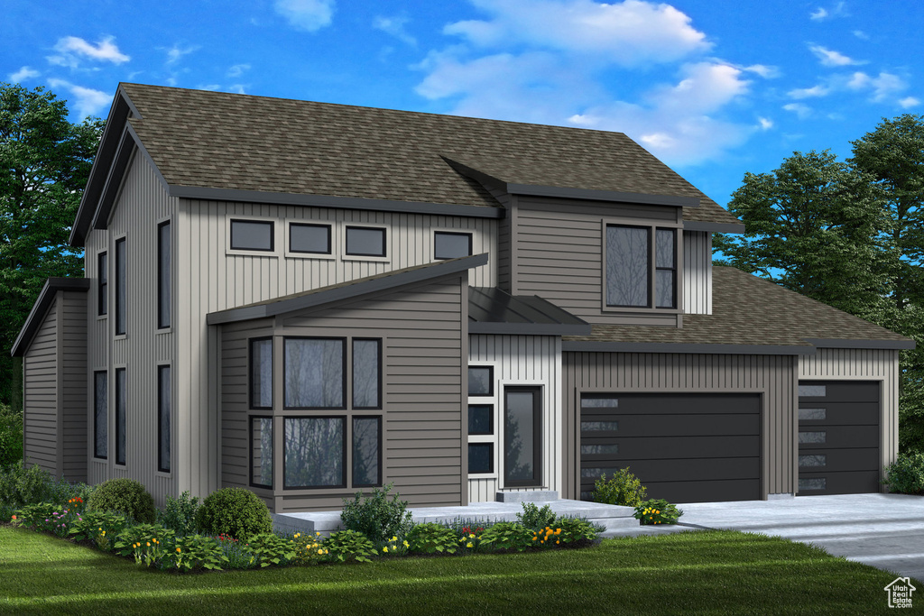 View of front of home with roof with shingles, driveway, board and batten siding, and a front lawn