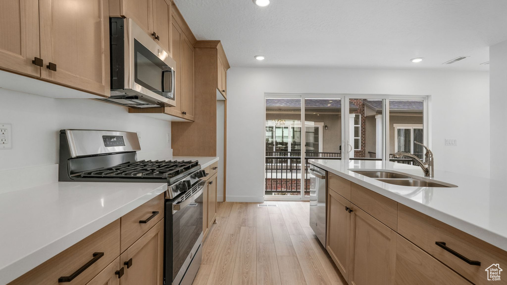Kitchen featuring stainless steel appliances, light wood-style flooring, light countertops, and recessed lighting