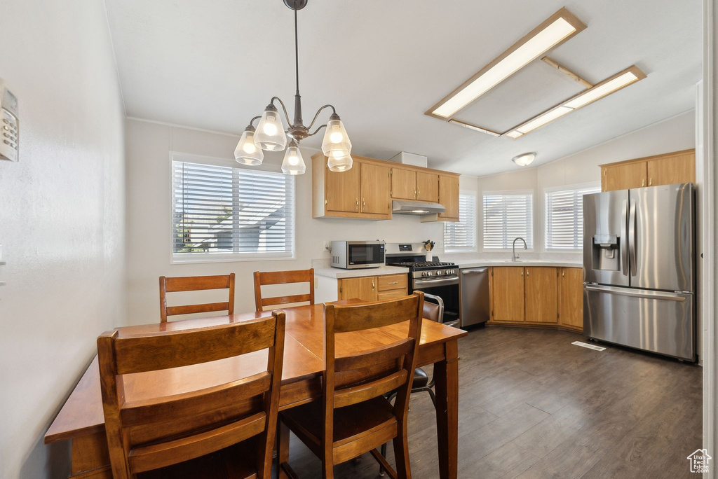 Kitchen with a sink, light countertops, under cabinet range hood, and stainless steel appliances