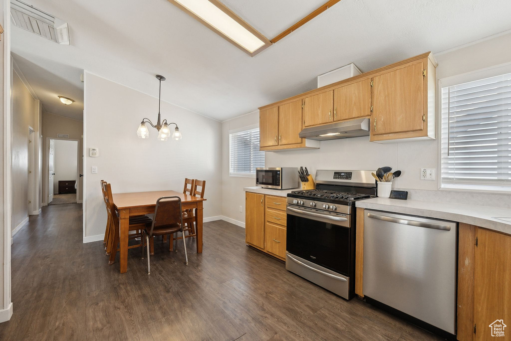 Kitchen with appliances with stainless steel finishes, dark wood-style flooring, light countertops, under cabinet range hood, and lofted ceiling