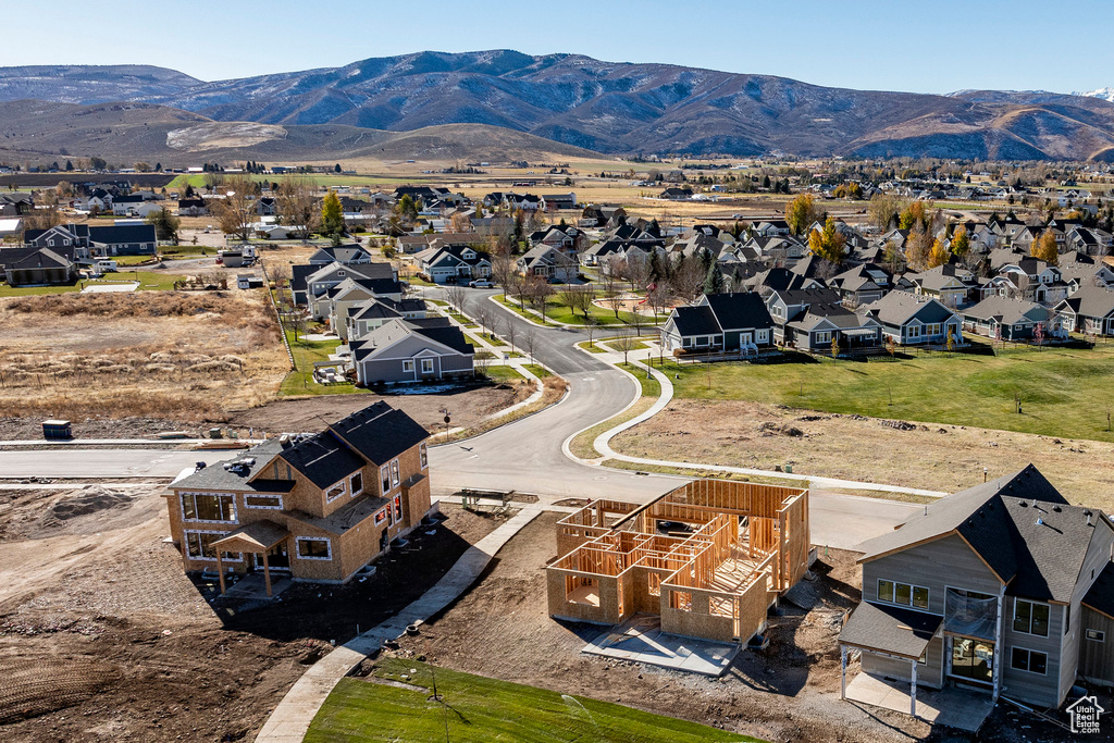 Birds eye view of property with a mountain view and a residential view