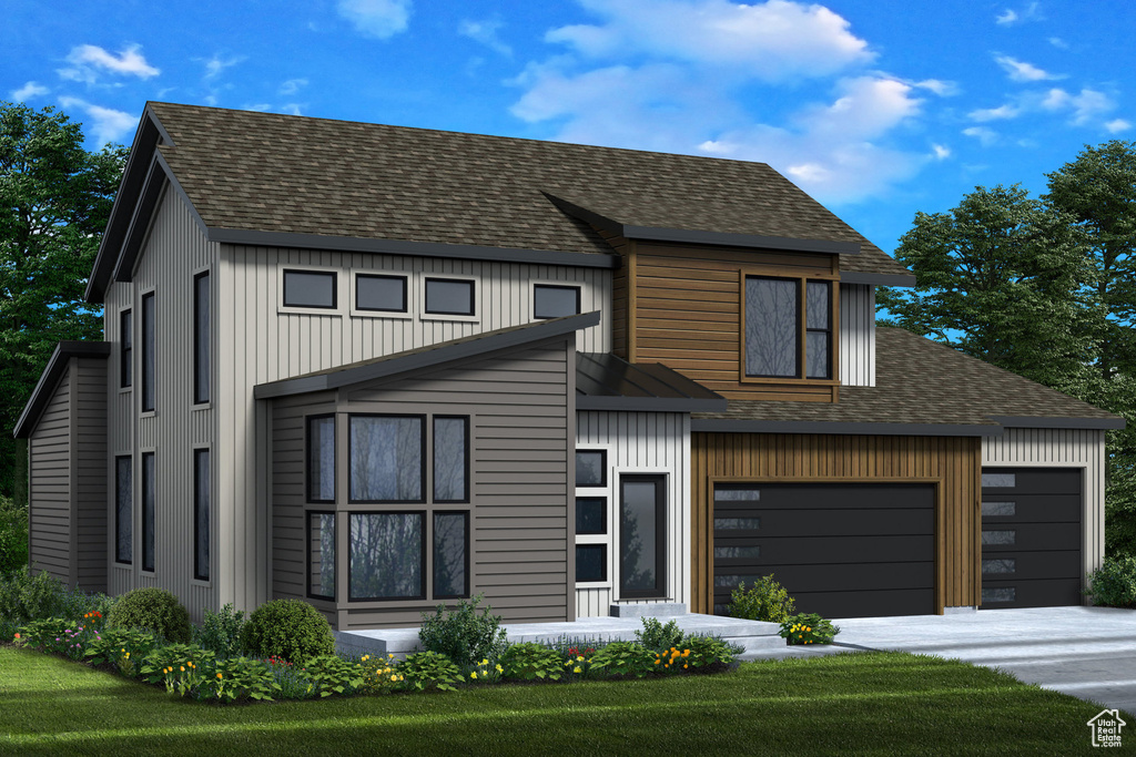 View of front of home with an attached garage, roof with shingles, board and batten siding, and driveway
