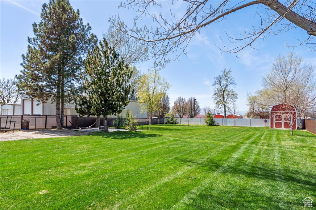 View of yard featuring an outbuilding, fence, and a storage unit