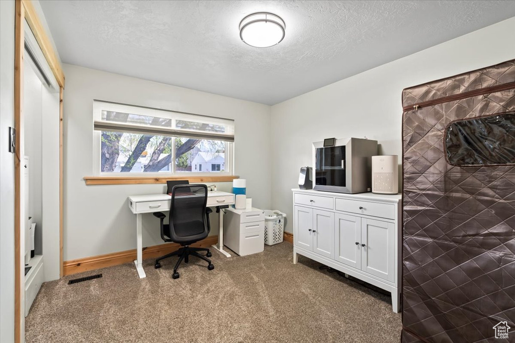 Home office with carpet flooring, visible vents, a textured ceiling, and baseboards
