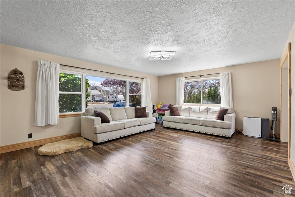 Living room with a textured ceiling, wood finished floors, baseboards, and plenty of natural light